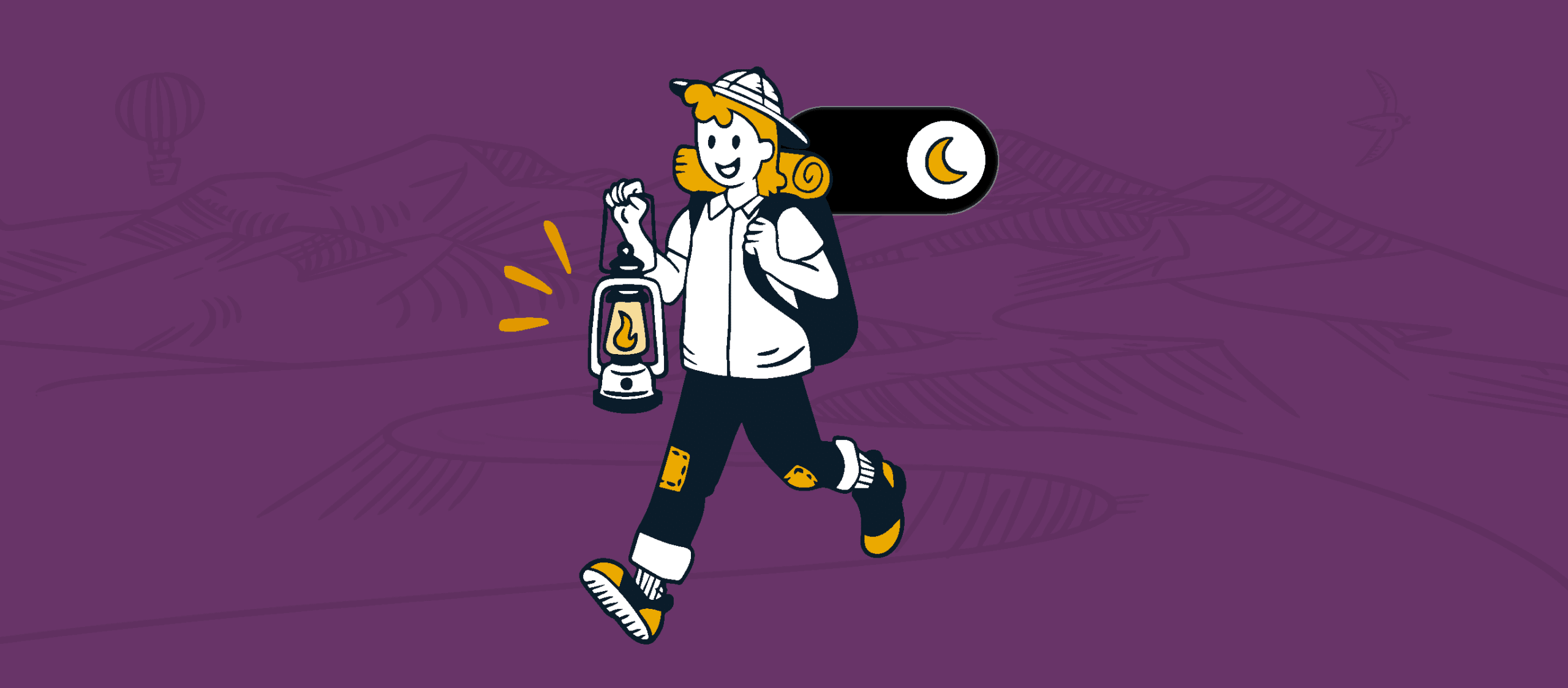 Rocky, the ScalePad mascot, wears a camping outfit and walks confidently across the purple screen with a lantern in one arm. Behind his backpack is a dark mode setting graphic.