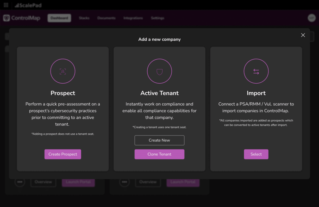 A dashboard view of ControlMap's tenant cloning feature.