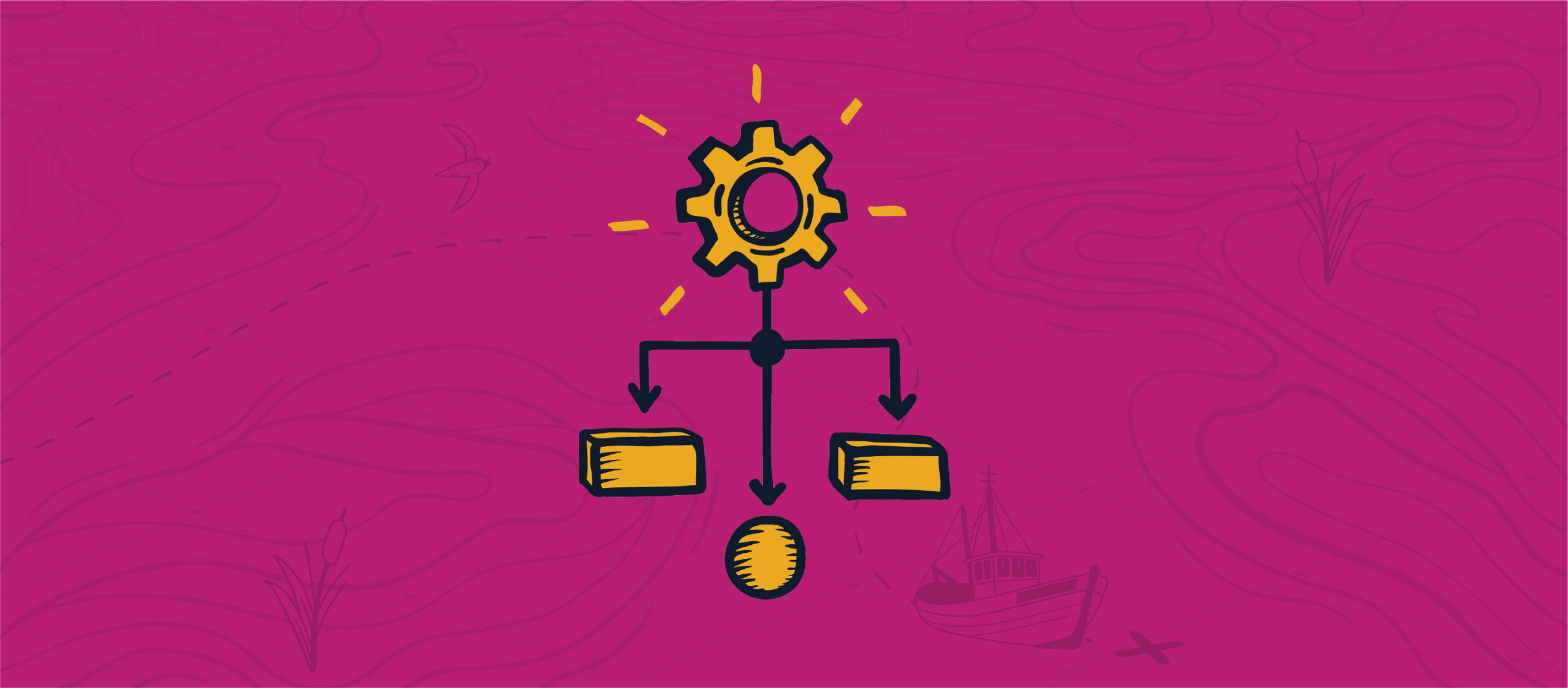 Shining drawn graphic yellow gear icon connected to a three-way splitting process under it, with the right and left nodes represented by yellow rectangular prisms and the bottom by a yellow sphere.