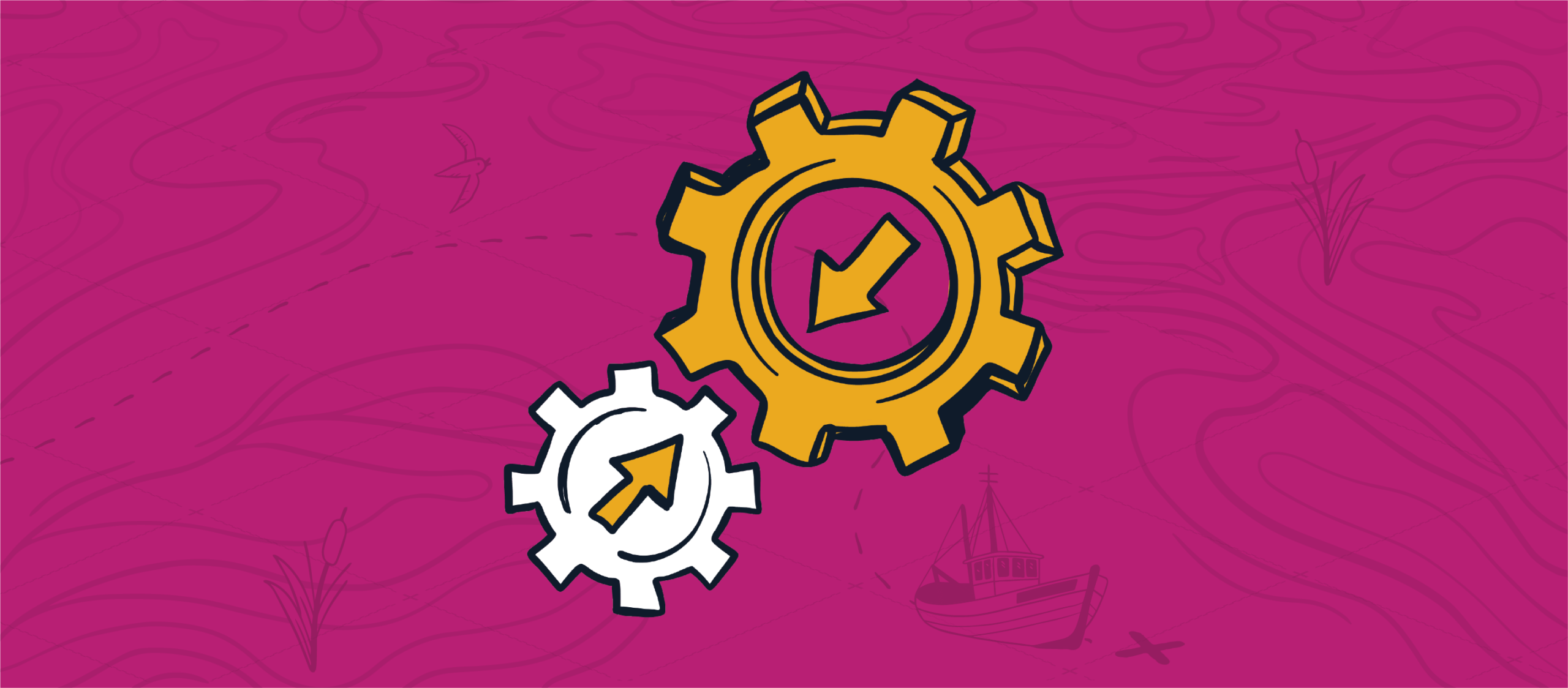 Two meshing gears, one yellow and one white, each with yellow arrows in the centre that point to each other, representing automation in the quote-to-cash process for MSPs.