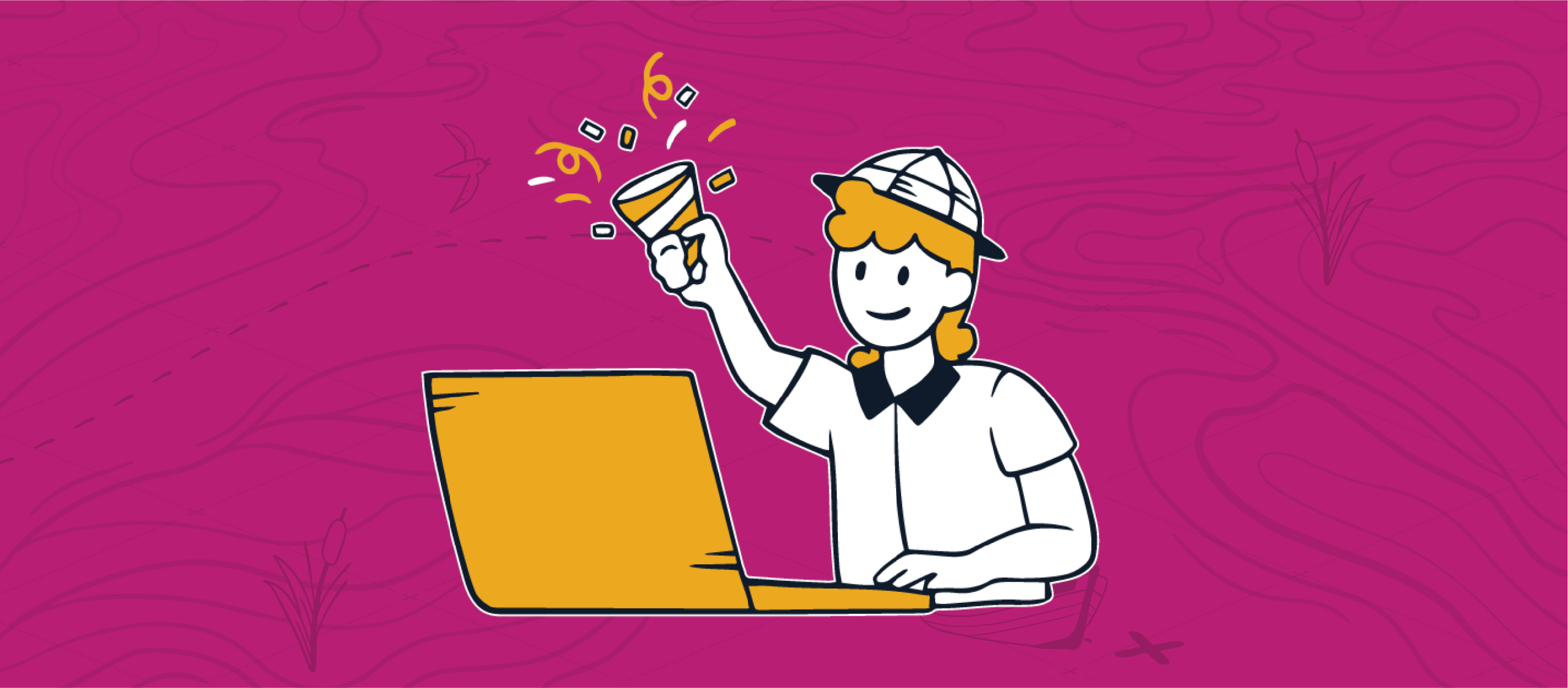 Smiling cartoon character with a collared white polo shirt and a pith helmet waving a celebration cracker while sitting in front of a yellow laptop, representing how sales is actually fun for MSPs.