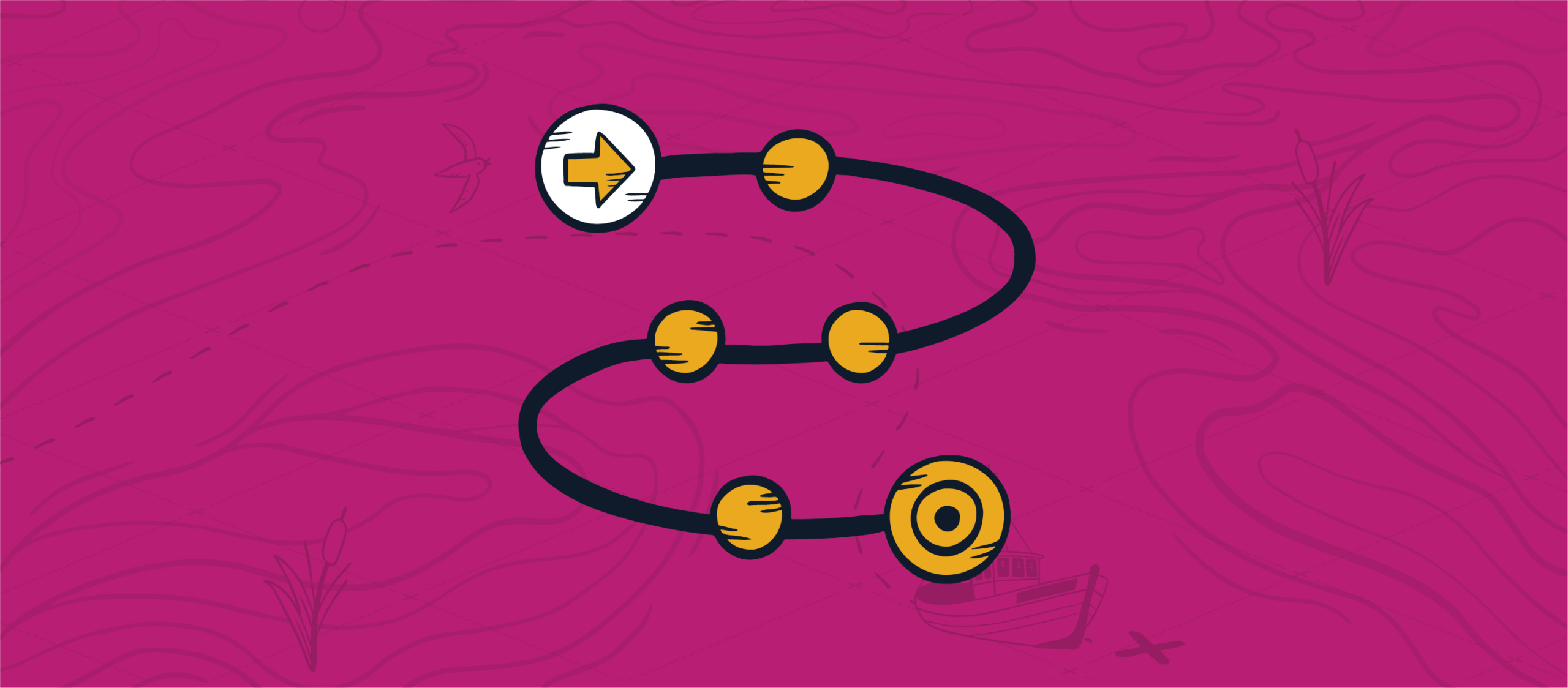 A yellow arrow in a white circle at the beginning of a 6 node linked process with 4 yellow circles ending at a larger yellow circle with concentric rings like a target, representing a multi-stage approval process for MSP quoting.