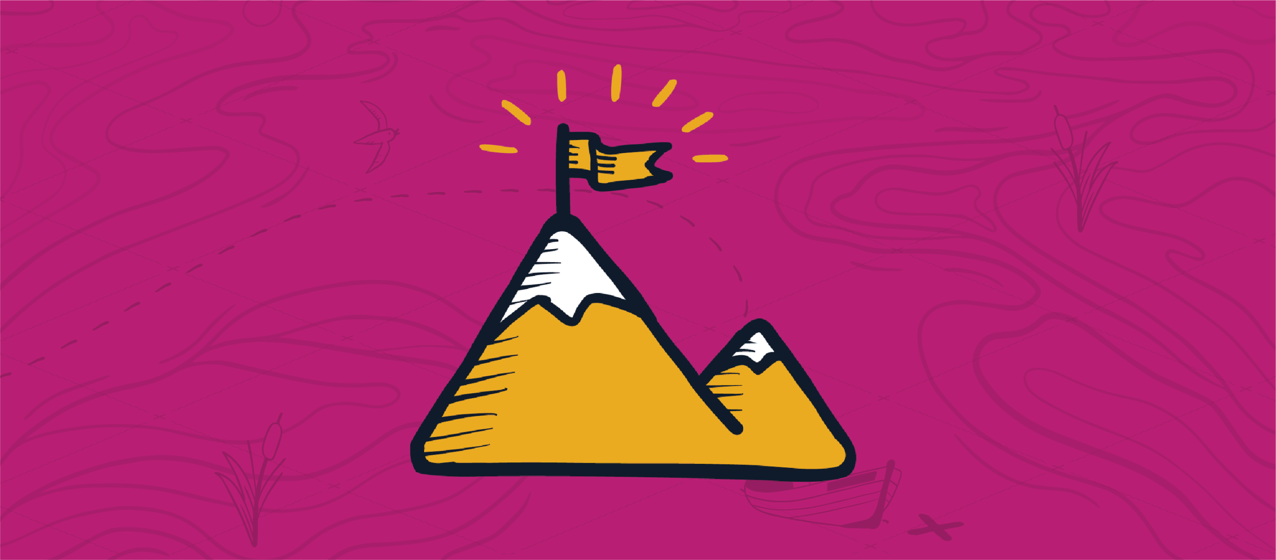 Two yellow snowcapped mountains, the taller with a shining yellow flag above it, representing how a professional sales proposal gets an MSP ahead of competitors.