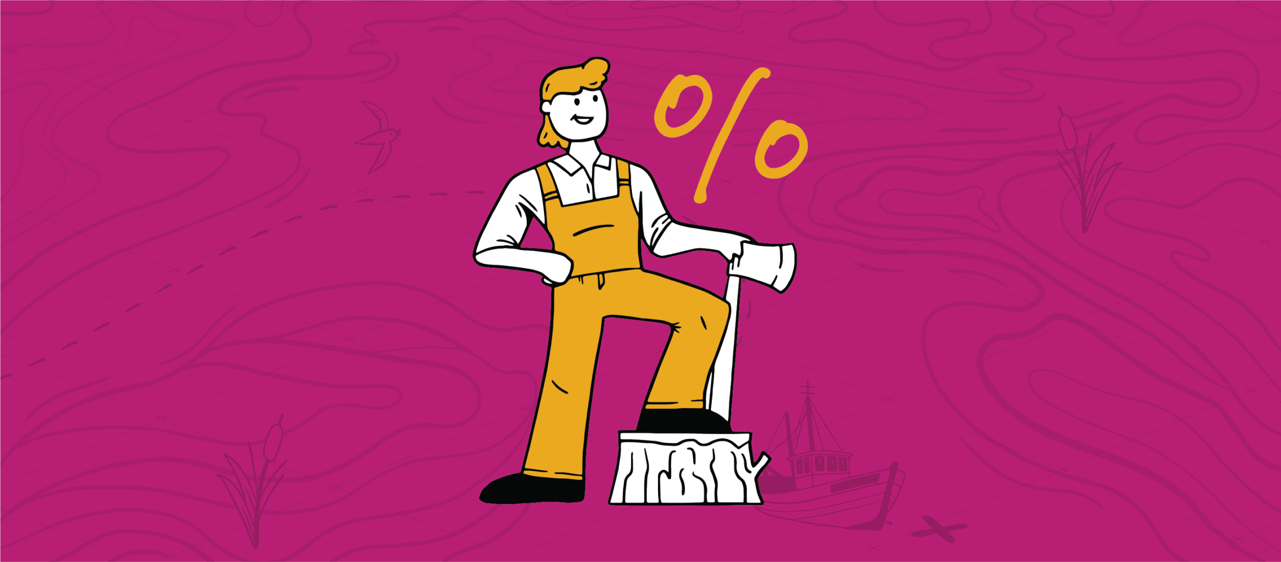 A smiling cartoon lumberjack with one foot on a tree stump, with his hand balancing an axe resting on the same tree stump, and a percentage symbol behind him, representing how percentage savings codes can help grown an MSP business.