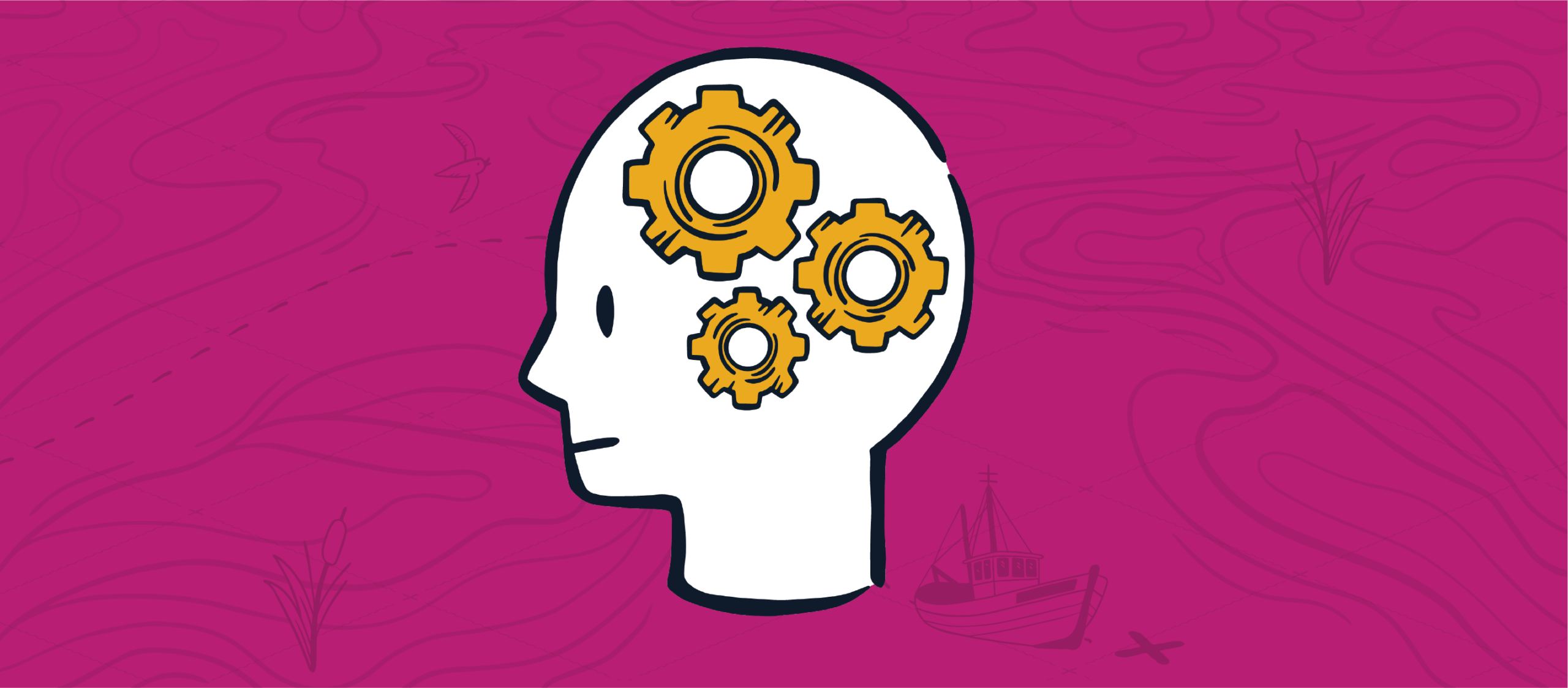 A white silhouette head with three yellow gears inside representing how an MSP is process- and tech-driven rather than naturally relationship-focused.